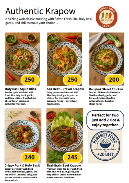 Original Authentic Krapow menu with dishes or drinks and prices