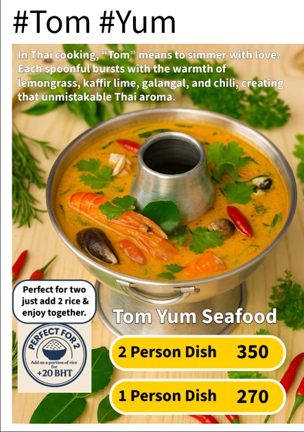 Original Tom Yum Seafood menu with dishes or drinks and prices