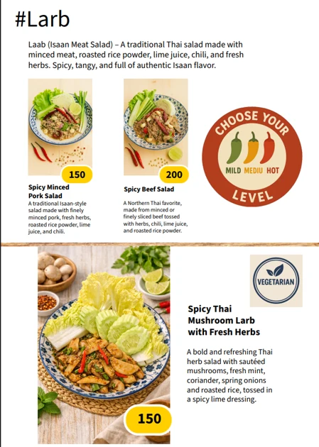 Original Larb menu with dishes or drinks and prices