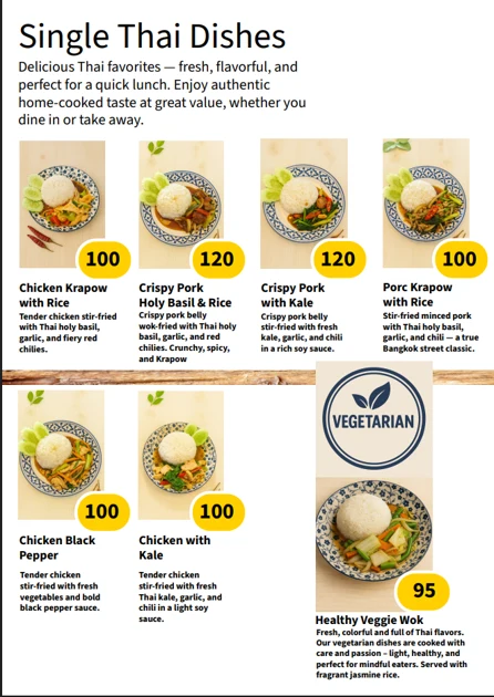 Original Single Thai Dishes menu with dishes or drinks and prices