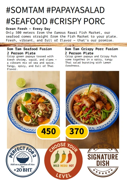 Original Som Tam Fusion menu with dishes or drinks and prices