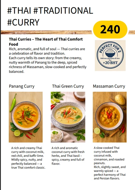 Original Traditional Thai Curries menu with dishes or drinks and prices
